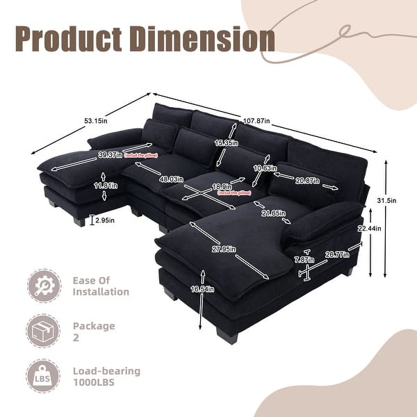 dimension image slide 3 of 7, HOMEFUN Chenille Upholstered U-Shaped Modular Wood Frame Sleeper Sectional Sofa with Double Chaise