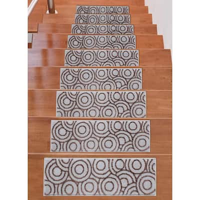 Beverly Rug Indoor Non Slip Carpet Stair Treads w/ Installed Tape 9"x28" Circles Grey / Brown