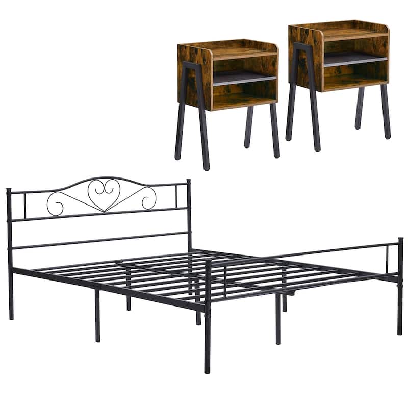 Taomika 3-Pieces Modern Bedroom Set with Brown Nightstand and Black Bed - Brown Nightstands - Queen