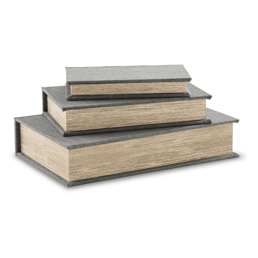 Nesting Decor Book Box, Set of 3, Gray Polyester Cover, Black Velvet Lining