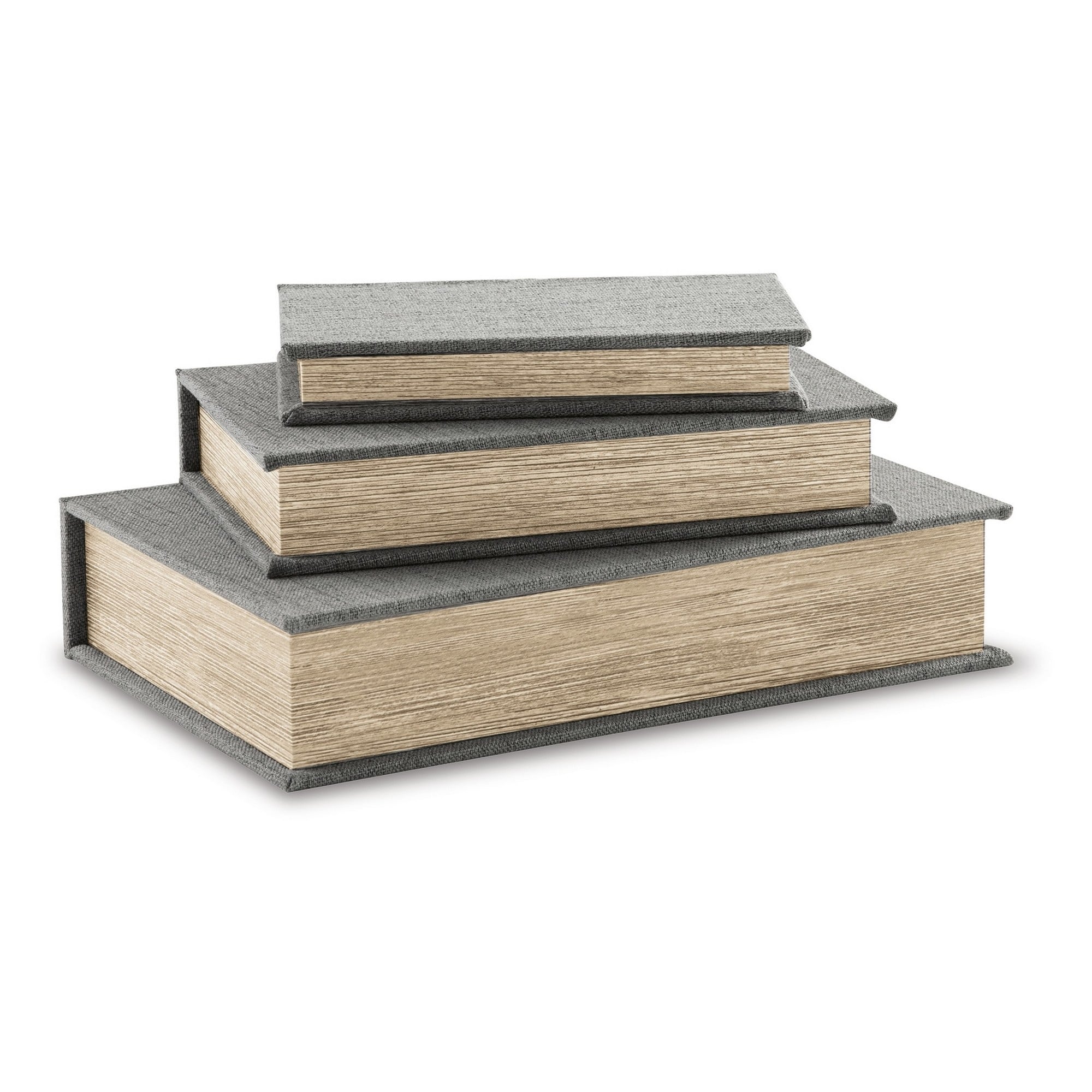 Nesting Decor Book Box, Set of 3, Gray Polyester Cover, Black Velvet Lining