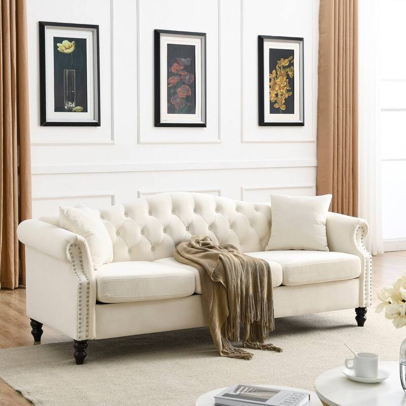 Chesterfield Sofa Velvet for Living Room, 3 Seater Sofa Tufted Couch with Rolled Arms and Nailhead, two pillows  - Beige