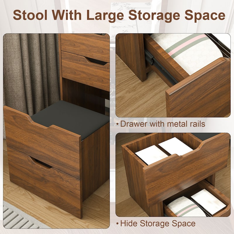 Anmytek Compact Vanity Desk with Flip-Top LED Mirror & Stool Walnut Finish 4-Drawer Nightstand