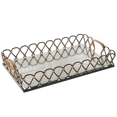Metal Circular Woven Living Room Decor Tray with Glass Base - Black - Roche River Decor