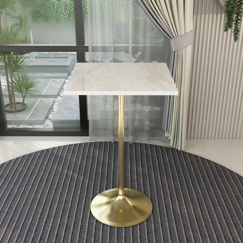 LeisureMod Verve Square Bar Dining Table with White Resin TableTop and Gold Steel Base for Kitchen & Dining Room