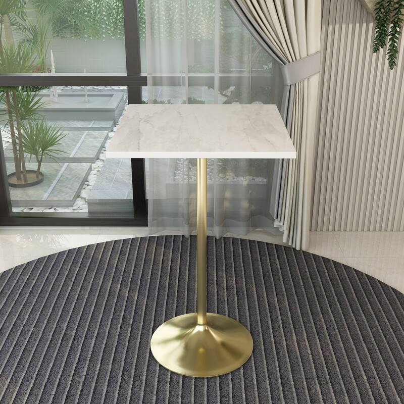 LeisureMod Verve Square Bar Dining Table with White Resin TableTop and Gold Steel Base for Kitchen & Dining Room