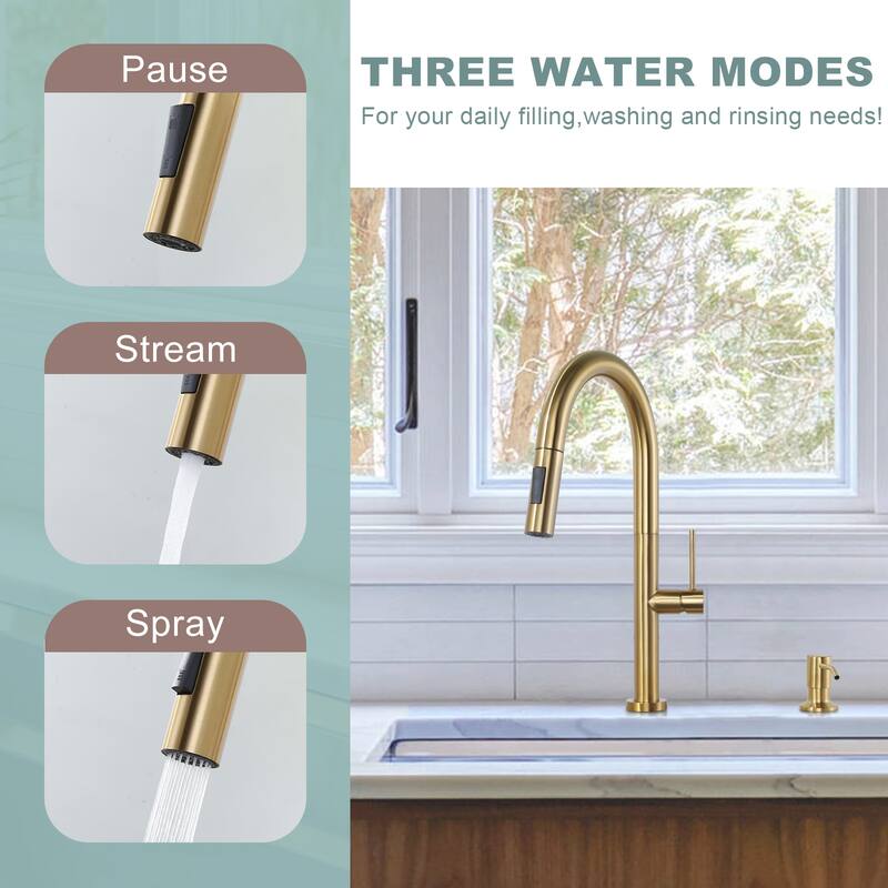 WOWOW Single Handle Pull Down Kitchen Faucet with Soap Dispenser