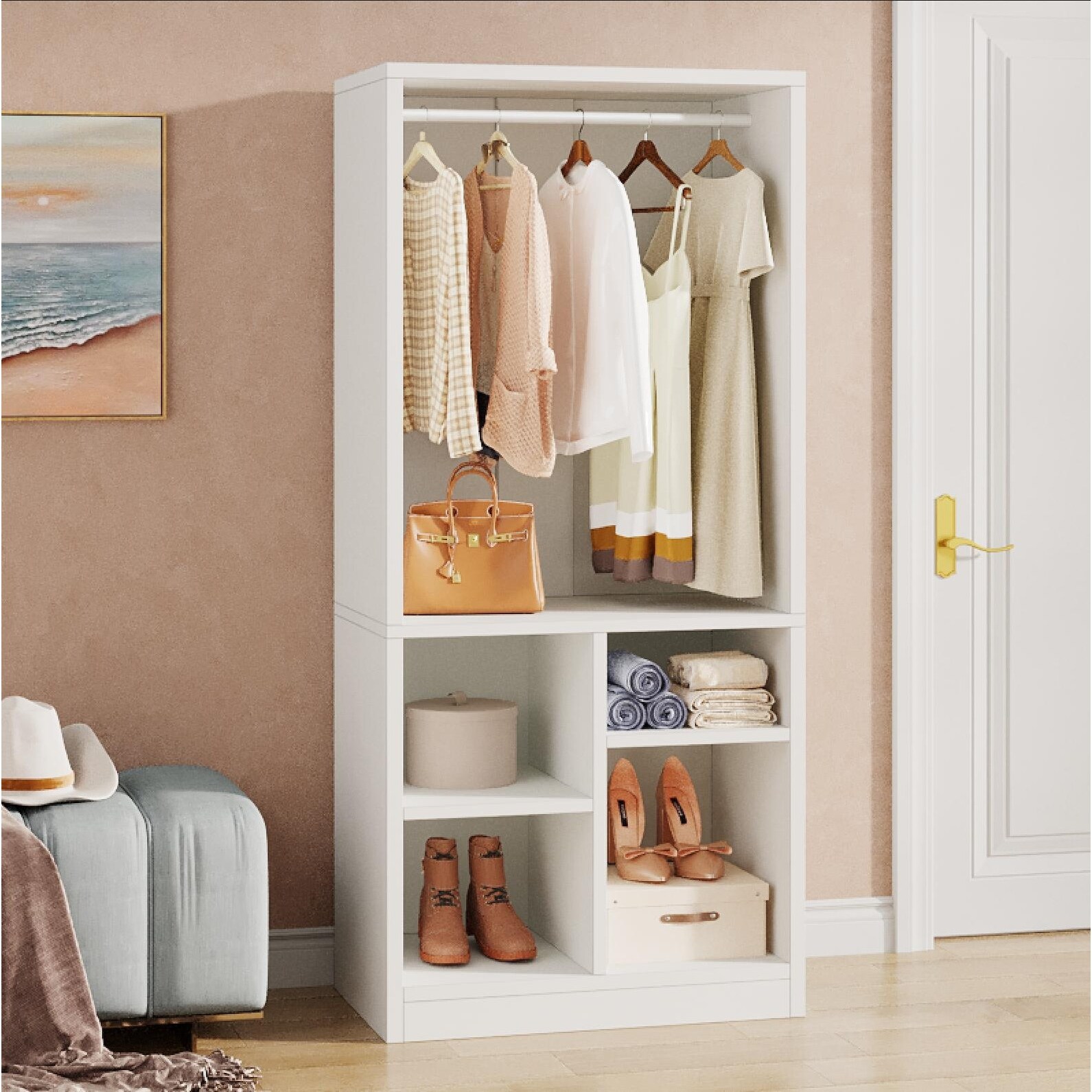 Storage closet with online hanging rod