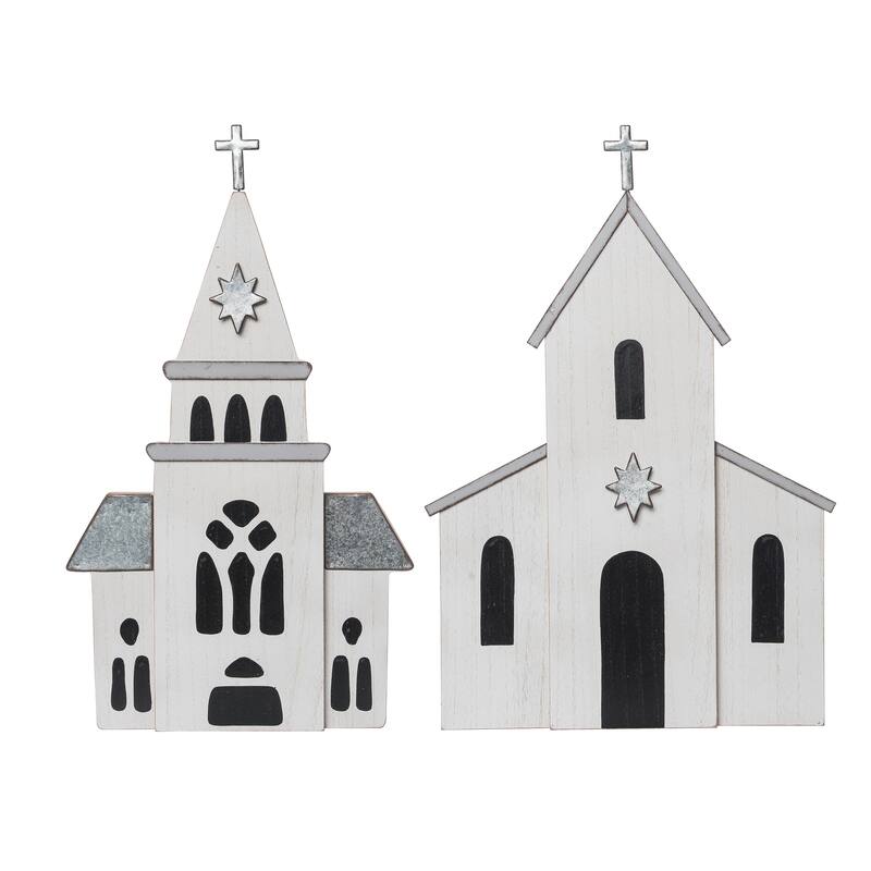 Transpac Large MDF/Metal Shaped Church Decor Set of 2 Christmas Home Decorations