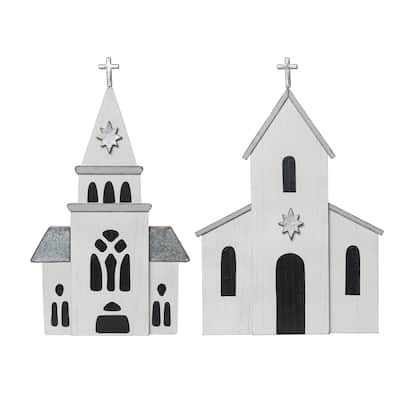 Transpac Large MDF/Metal Shaped Church Decor Set of 2 Christmas Home Decorations