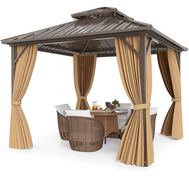 Costway 10 X 10 FT Hardtop Gazebo with Curtain Heavy-Duty Double-Roof