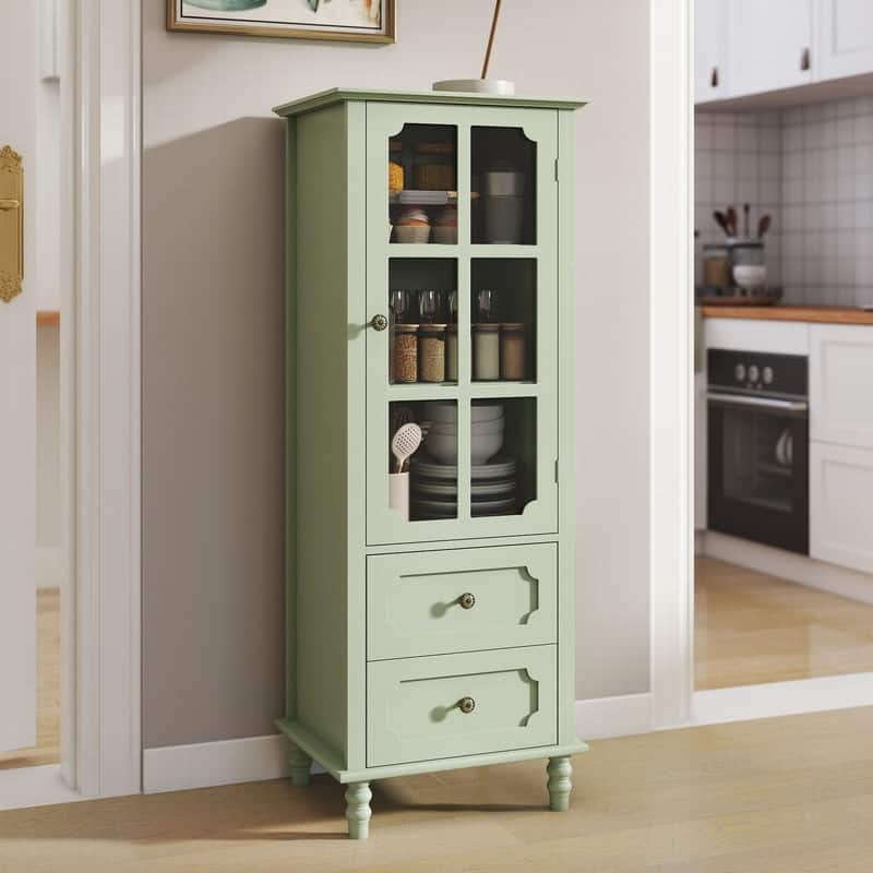 Modern 52.36" Wooden Buffet Cabinet with Glass Doors and Double Drawer for Living room, Dining Room Hallway Entryway