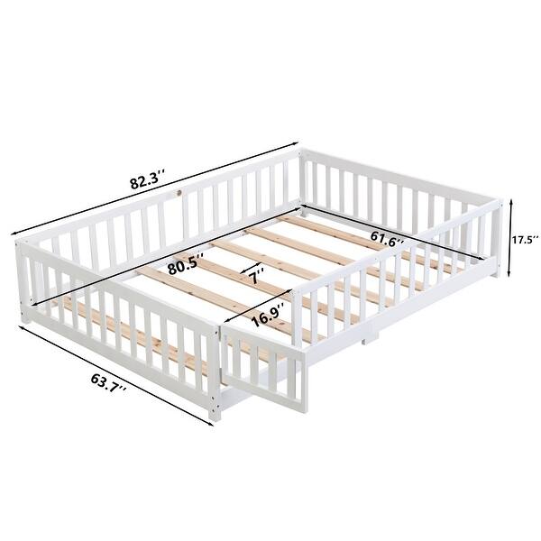 White Queen Size Wood Floor Bed with Door and Fence, Suitable for Children, Boys, Girls and Bedroom