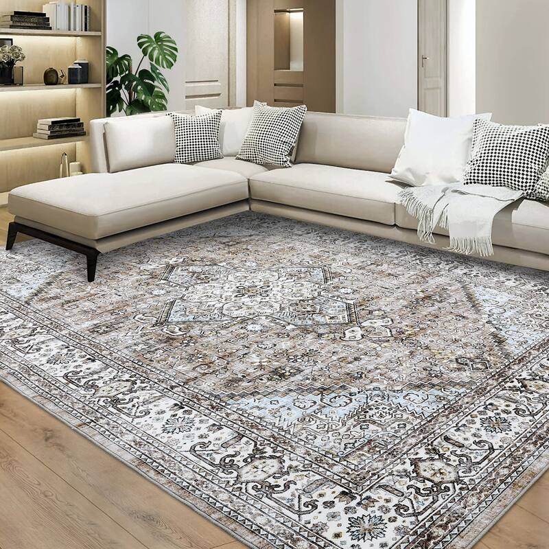 Washable Rug Vintage Medallion Area Rugs for Living Room Bedroom, Non-Skid Low Pile Floral Rug Soft Foldable Rug