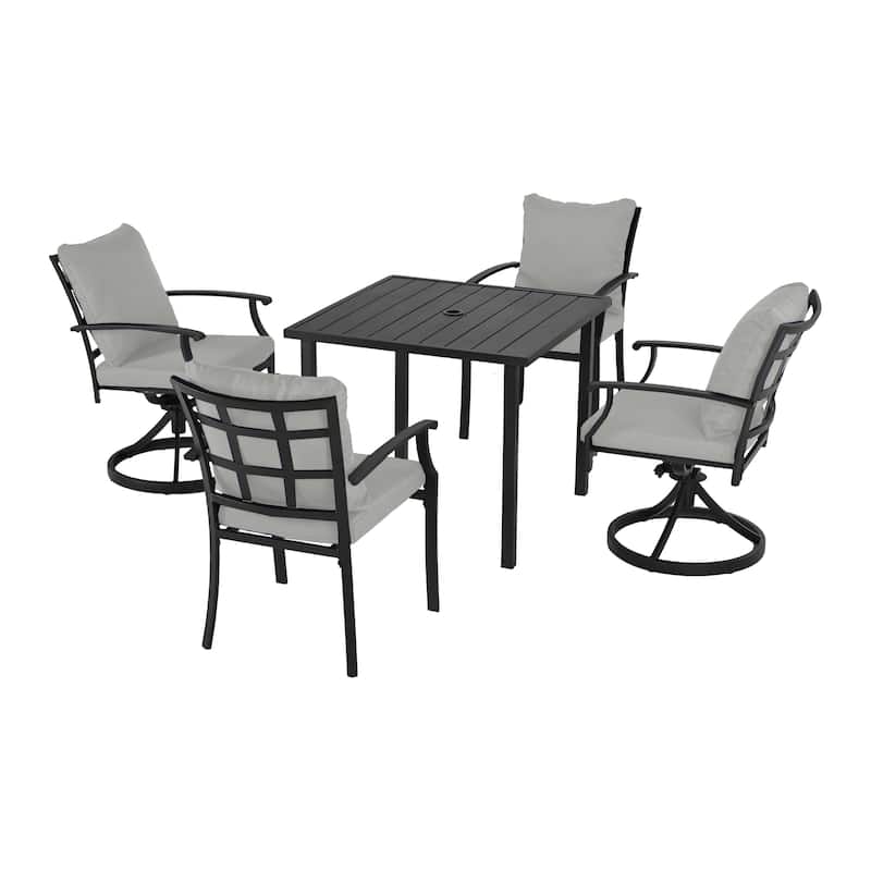 IvyGlow 5-Piece Black Metal Patio Dining Set with Square Table, 2 Swivel Dining Chairs and Gray Cushions
