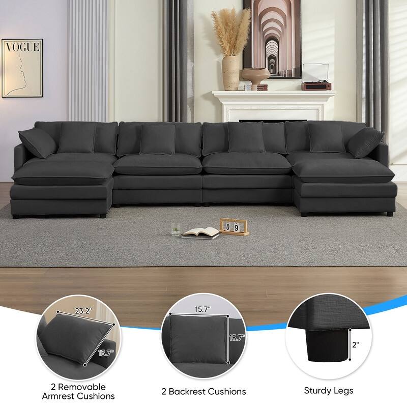 Mixoy 148''Oversized Modular Sectional Sofa, U-Shaped 6-Seater Chenille Upholstered Deep Seat Sofa with 2 Movable Ottomans - 4+2