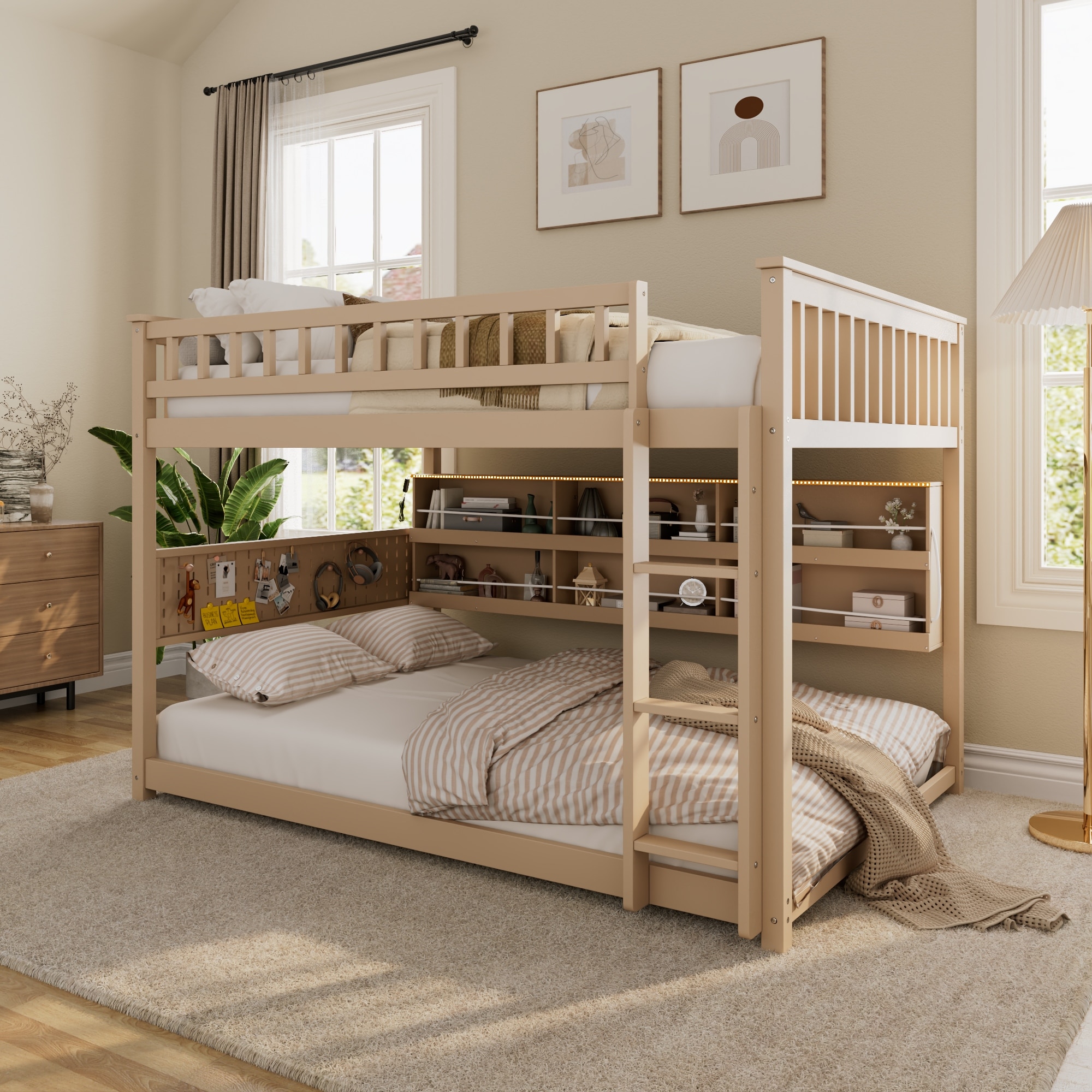 Full over Full Bunk Bed with Integrated Shelving, Color-Changing Lights and Pegboard