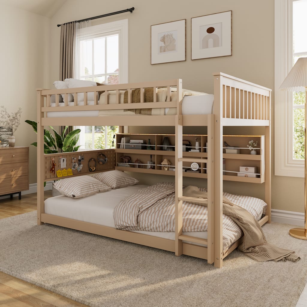 Roomfitters Full over Full Bunk Bed with Storage Shelving, Pegboard and LED Lights