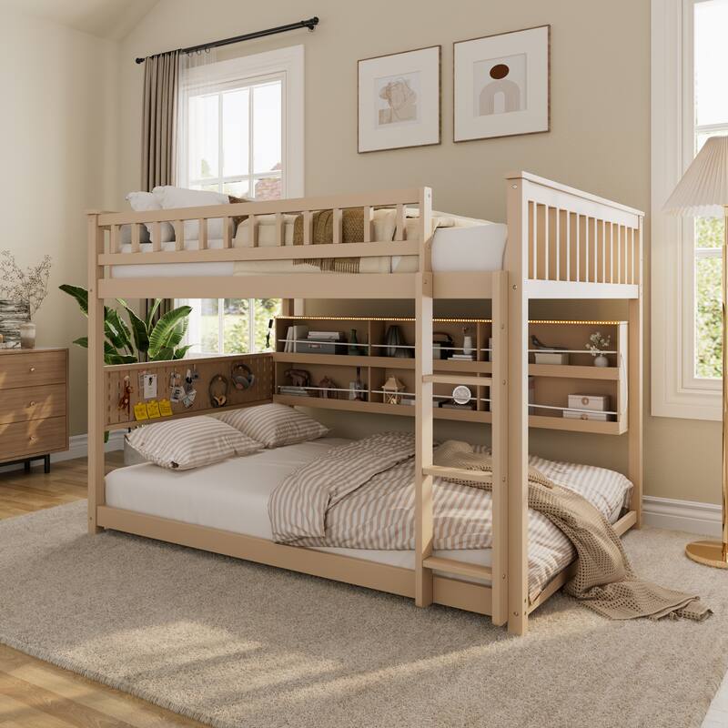 Wooden Full Over Full Bunk Bed Frame for Kids with Integrated Shelving, Light Strip, Pegboard, Full-Length Guardrails and Ladder