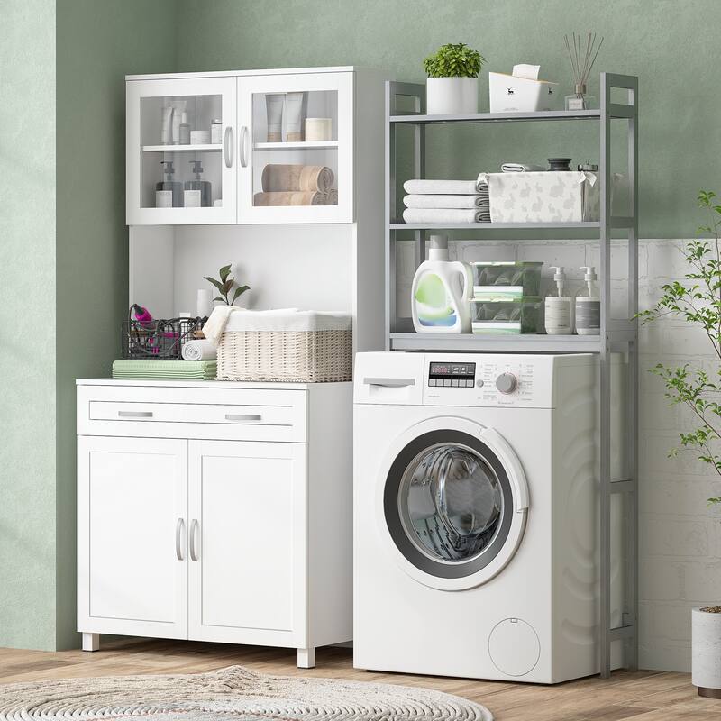 HOMCOM Modern Kitchen Pantry with Buffet Cabinet, Cupboard with Framed Glass Doors and Shelves, White