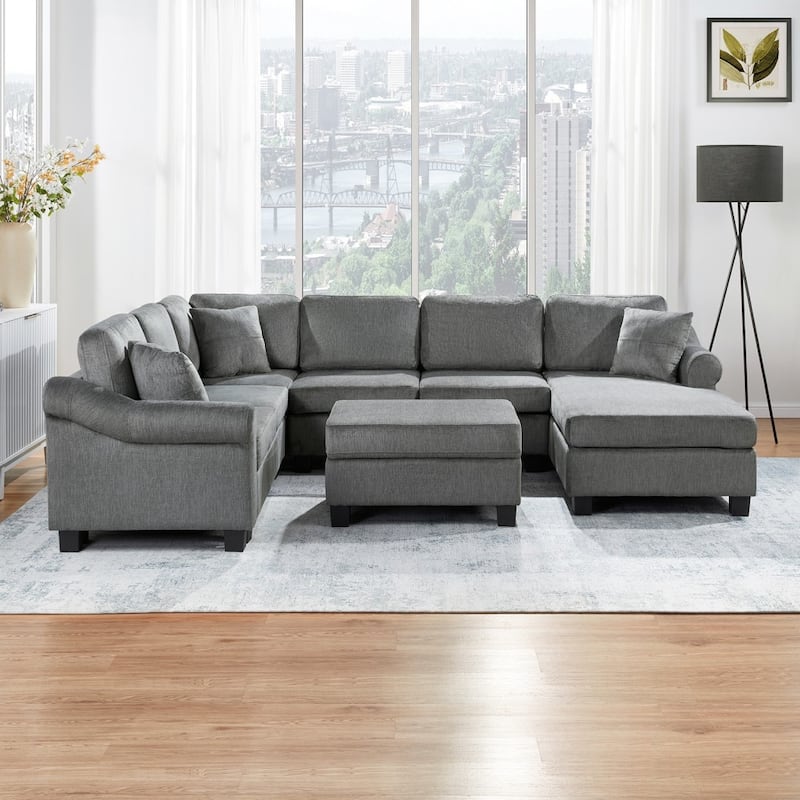 111.8" Modern Chenille Upholster U-shaped Sectional Sofa with Movable Storage Ottoman