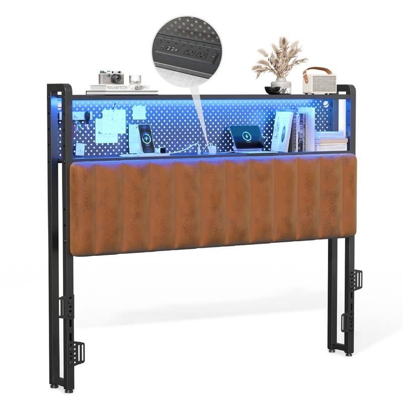 Adjustable Upholstered Headboard with 2 Tier Shelves with Charging Stations and LED Lights, Modern Bed Headboard with Storage - PU and brown - Full