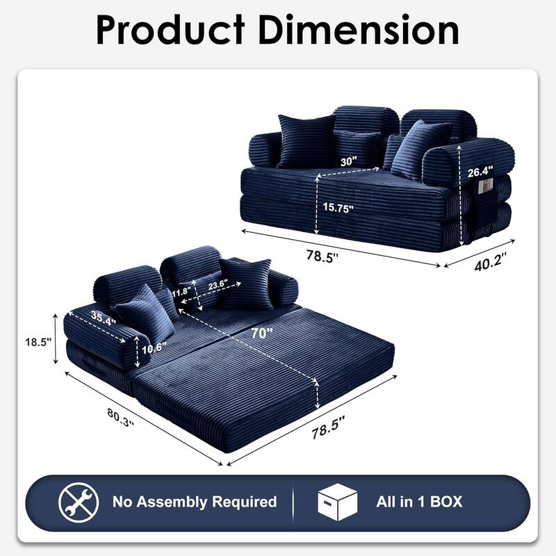 Convertible Sleeper Sofa Bed, 78.5" Corduroy Foldable Loveseat Sofa, King Size Floor Mattress Couch, No Assembly Required