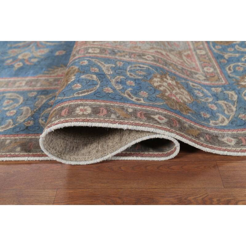 Distressed Tabriz Persian Vintage Rug Hand-Knotted Blue Wool Carpet - 10'0"x 13'4"