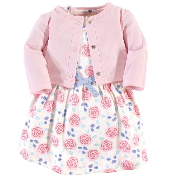 slide 1 of 1, Touched by Nature Baby and Toddler Girl Organic Cotton Dress and Cardigan 2pc Set, Pink Rose 2T - Pink Rose