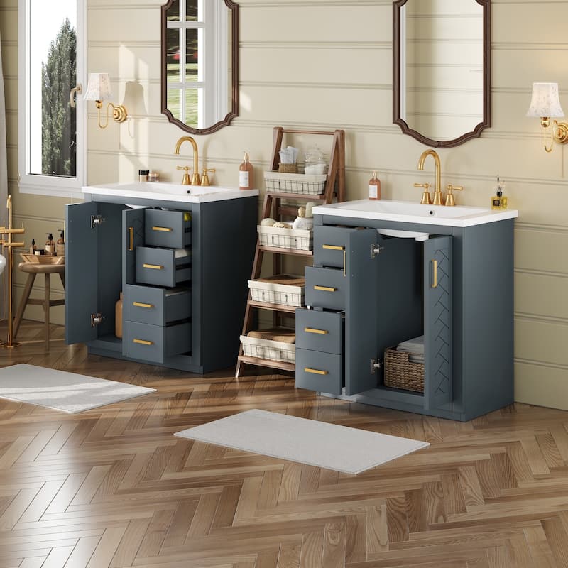 Roomfitters 60" Double Sink Bathroom Vanity with Ceramic Top, Solid Wood Storage Cabinet with Drawers and Soft Close Doors