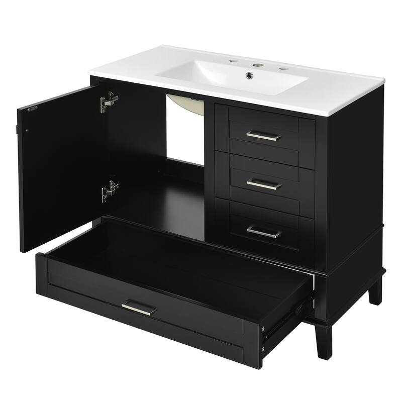 36" Bathroom Vanity with Solid Pine Frame, 1 Soft Close Door and 3 Drawers, Modern Storage Cabinet