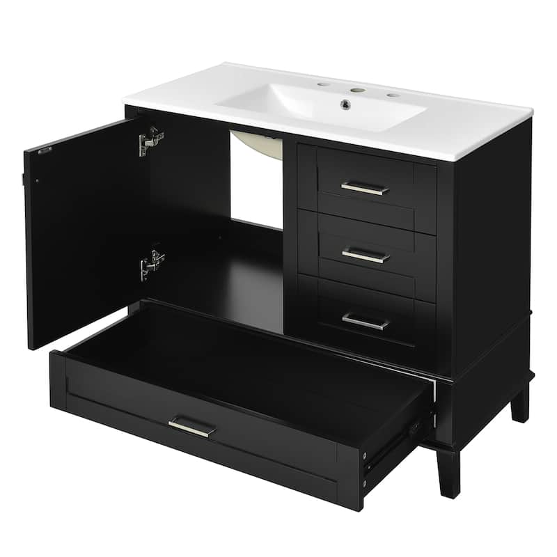 Roomfitters 36" Bathroom Vanity with Solid Pine Frame, 1 Soft Close Door and 3 Drawers, Modern Storage Cabinet