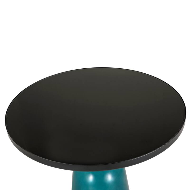 19-Inch Side Table Round Glass/Stone Tabletop End Table with Black Iron Rim and Glass Base