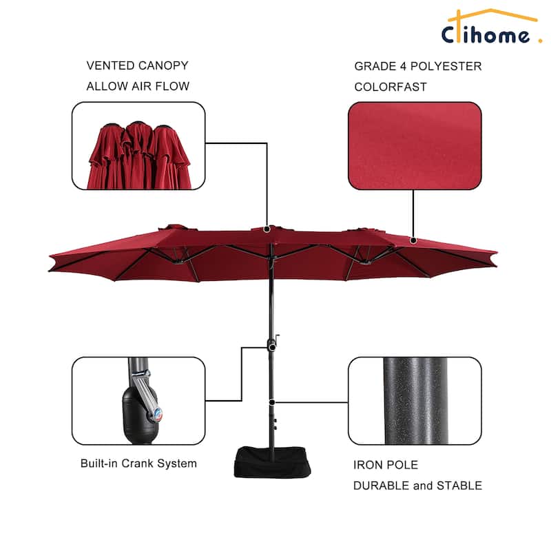 Clihome 15Ft Double-Sided Patio Market Umbrella, Outdoor Umbrella with Base