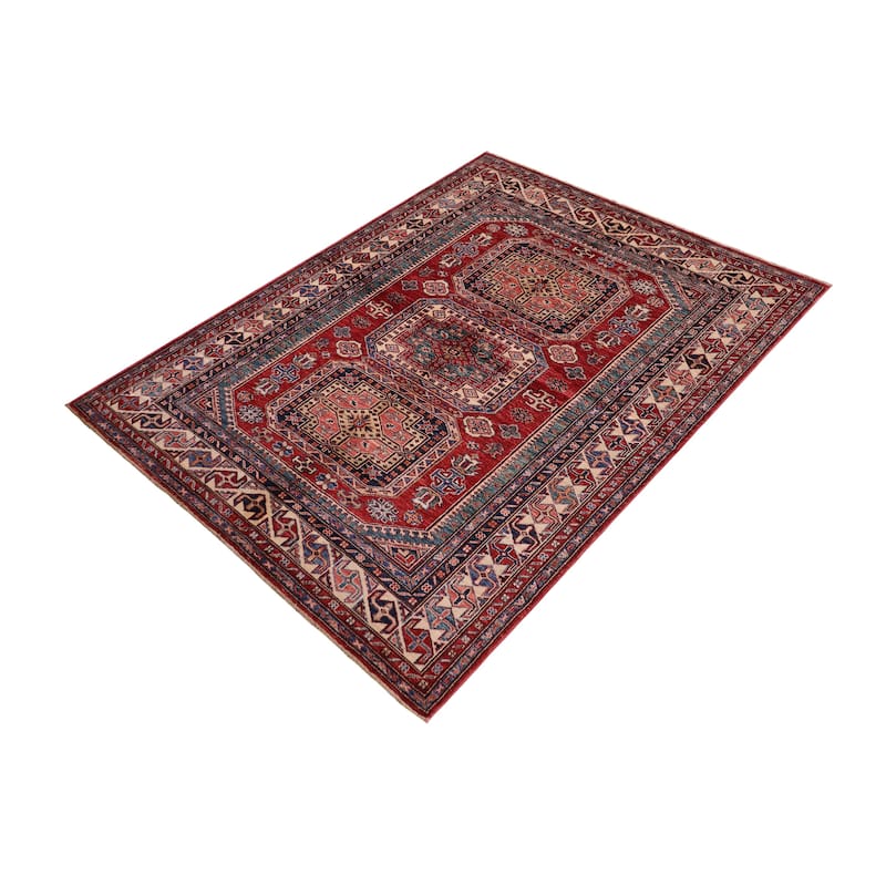 Southwestern Super Kazak Amara Red/Beige Hand Knotted Wool Rug - 4'10'' x 6'6''