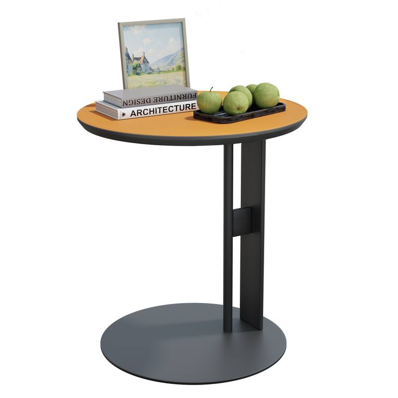 Modern Round End Table with Microfiber Saddle Leather Top and Metal Sandblasting Pedestal