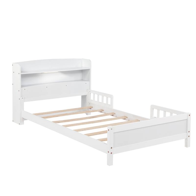 Twin Size Platform Bed with Bookcase, LED Motion Sensor Light, Optional Bed Guardrails