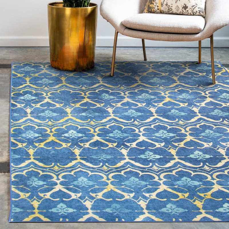 My Magic Carpet Machine Washable Area Rug Leilani Damask Blue - 5' X 7'