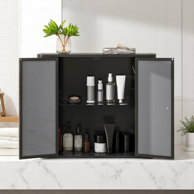 Farmhouse Wall Bathroom Storage Cabinet with Mirror Doors and Open Compartment, Steel Frame, Powder Coated
