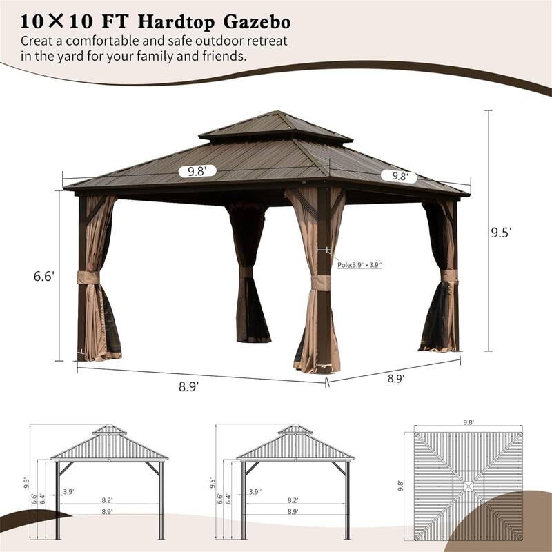 GDFStudio - Madison Outdoor Grove Hardtop Gazebo with Double Roof, Curtains & Netting
