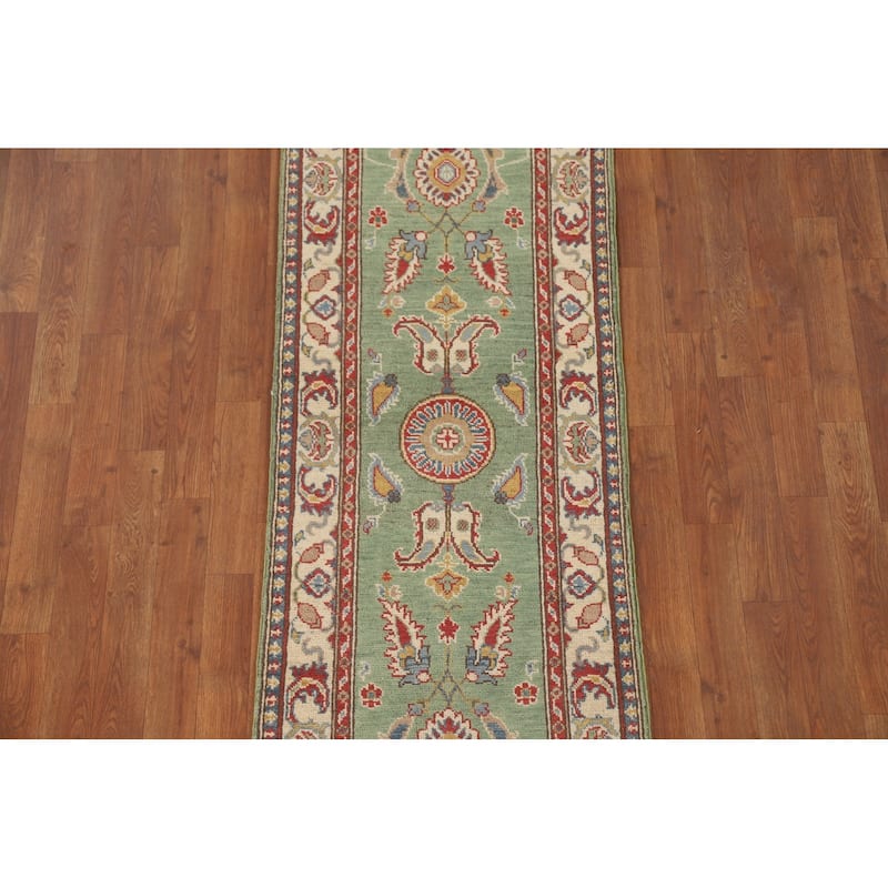 Floral Kazak Runner Rug Handmade Green Wool Carpet - 2'2" x 5'11"