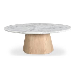 NADAAL STUDIOS Eden Coffee Table, Round Raj Grey Marble Top with Oak Veneer Base, Contemporary Design, White