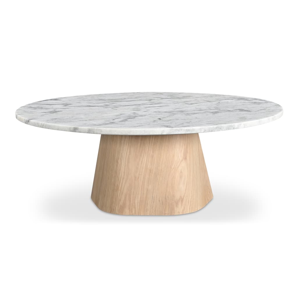 NADAAL STUDIOS Eden Coffee Table, Round Raj Grey Marble Top with Oak Veneer Base, Contemporary Design, White