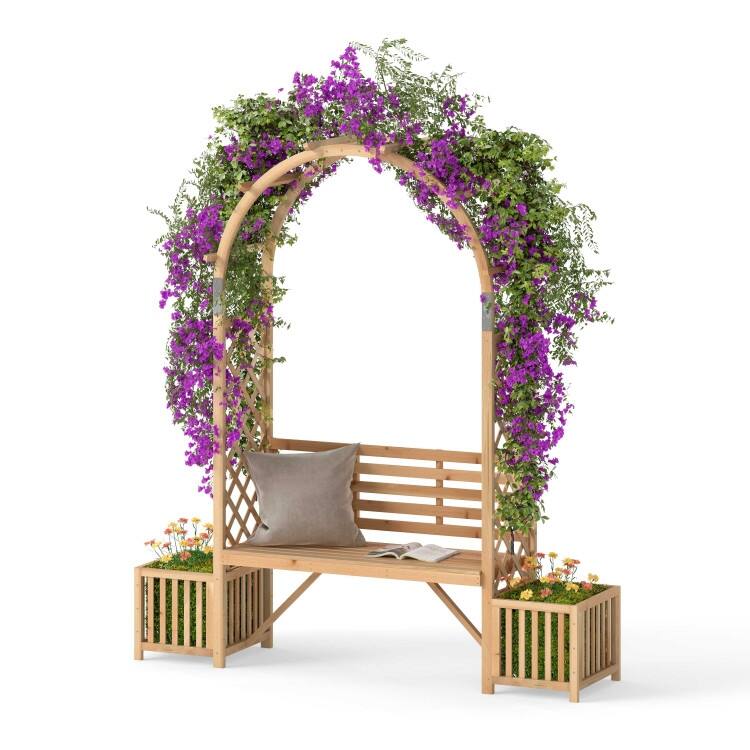 Natural Fir Wood Garden Arbor Bench with Planters Trellis Arch - 73" x 22" x 80"