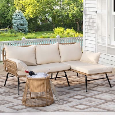 3-Piece Outdoor Boho Patio Furniture Set, L-Shaped Sectional Sofa with Ice Bucket Table, All-Weather Wicker Conversation Set