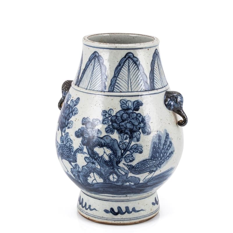 Blue And White Porcelain Pheasant Flower Jar With Elephant Nose Handle