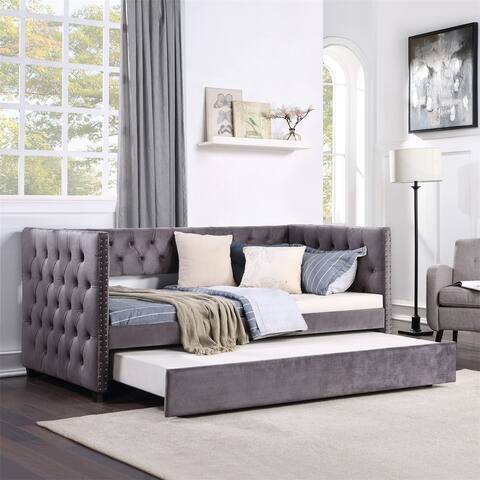 Merax Upholstered Tufted Twin Daybed with Trundle and Nailhead Trim