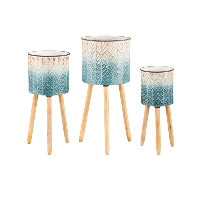 Ombre Blue Feather Metal Planters with Wooden Legs (3-Pack)