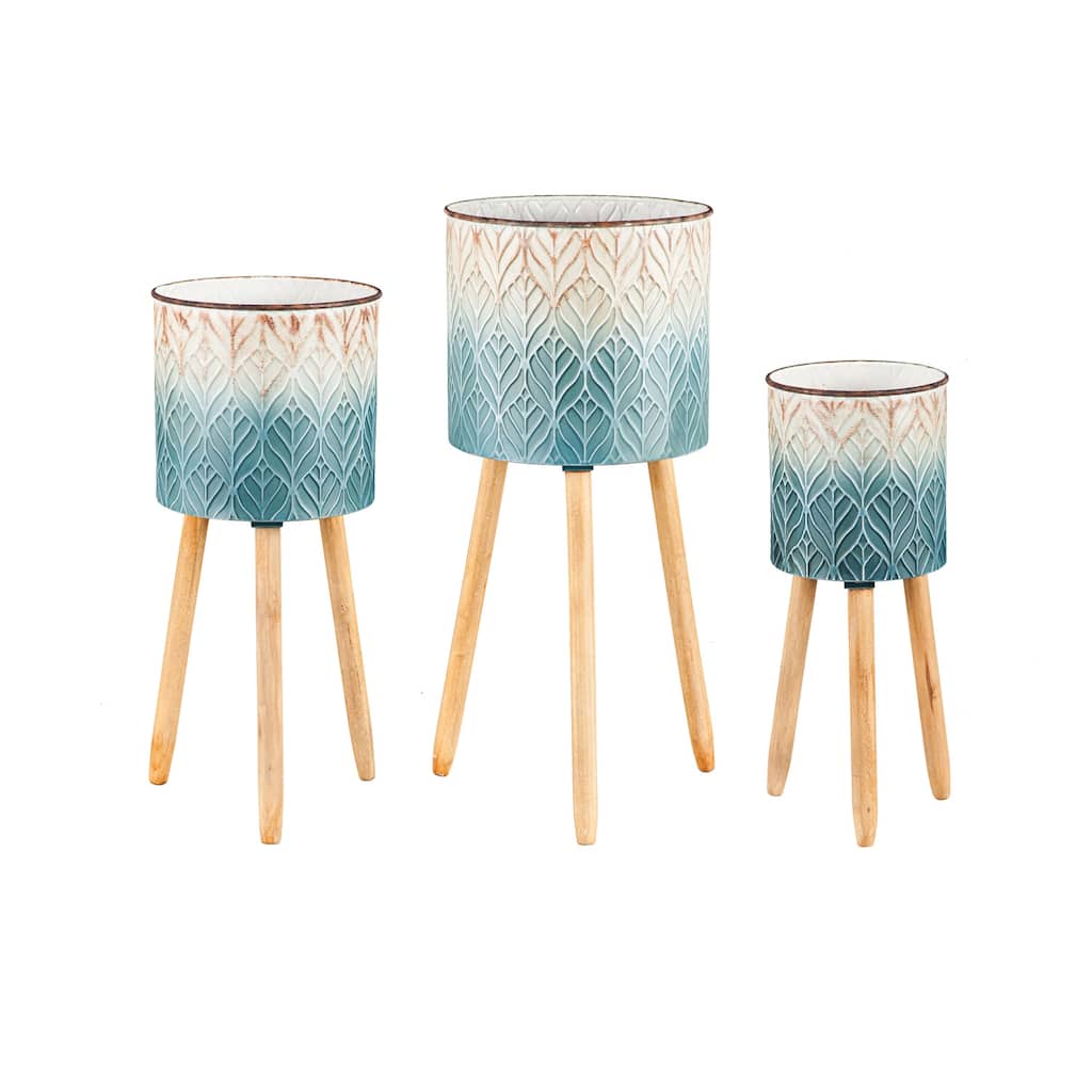 Ombre Blue Feather Metal Planters with Wooden Legs (3-Pack)