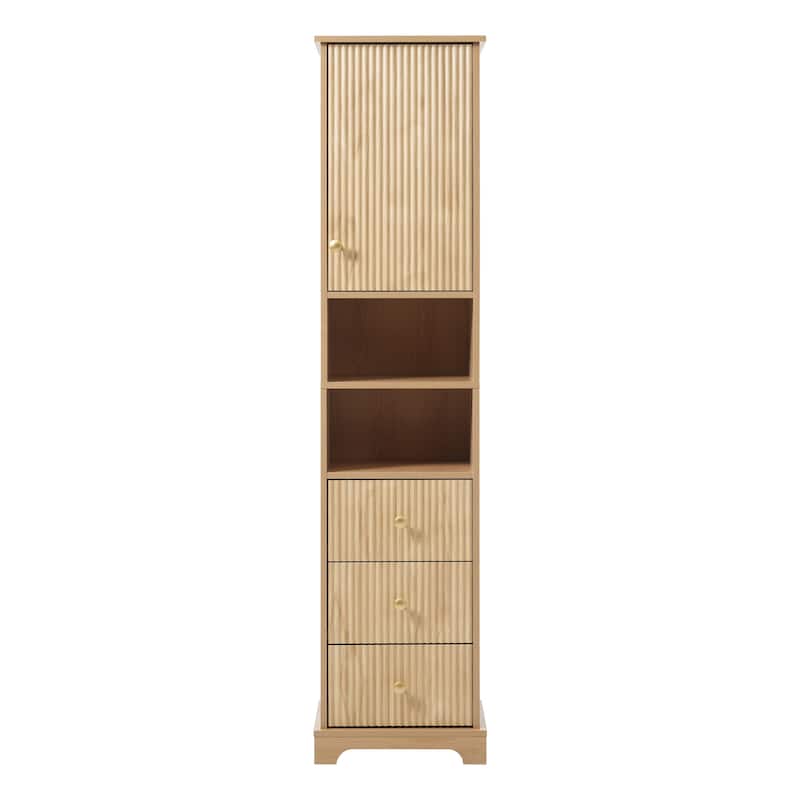 Vertical Stripe Accents Cabinet Freestanding Tall Cabinet for Bathroom with 1 Door, 3 Drawers, Open Storag and Adjustable Shelf